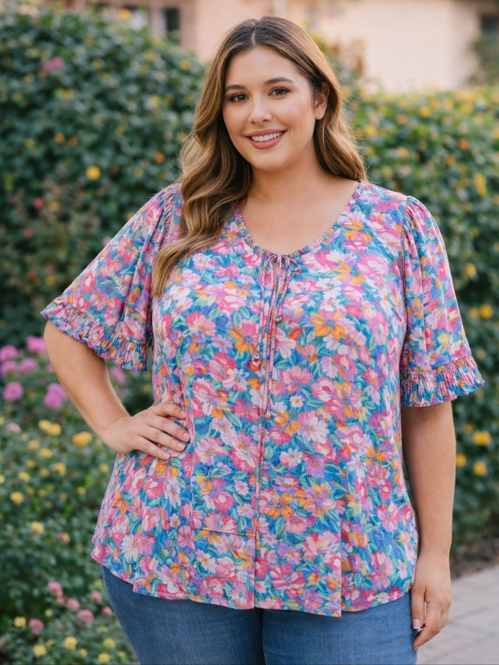 Sadie & Sage Floral Blouse 2XL Boho Tie Neck Short Sleeve Lined Top Plus NWT